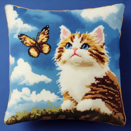 Kreuzstich Kissen Stickpackung Schmetterling Und Katze 45X45Cm Kreuzstich-Set, Komplettes Kissen Mit Dekoration, HandarbeitStickere Für ErwachseneKunst Kreatives GeschenkDiy, Kreuzstich, Stickerei von NAHUIGOOD