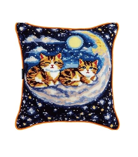 NAHUIGOOD Kreuzstich Kissen Vorgedruckt, Katze Auf Dem Mond45X45Cm11Ct Stickset Für Kreuzstichkissen,Stickset Anfänger Diy Kreuzstichkissen Zum Dekorieren Handstickerei Kissenbezug Set von NAHUIGOOD