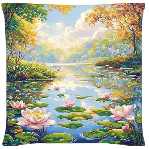 NAHUIGOOD Kreuzstich Kissen Vorgedruckt, Schöne Landschaft Lotus45X45Cm11Ct Stickset Für Kreuzstichkissen,Stickset Anfänger Diy Kreuzstichkissen Zum Dekorieren Handstickerei Kissenbezug Set von NAHUIGOOD