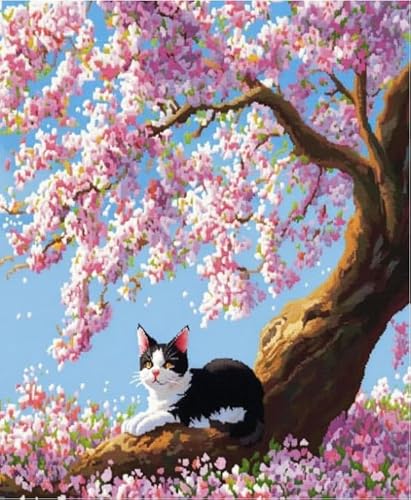 NAHUIGOOD Kreuzstich Set Vorgedruckt, Katze Unter Dem Kirschbaum 11Ct40X50Cm Stickvorlagen Stickbilder Vorgedruckt Kreuzstich Cross Stitch Embroidery Kit Stickset Sticken Set Für Erwachsene Anfänger von NAHUIGOOD