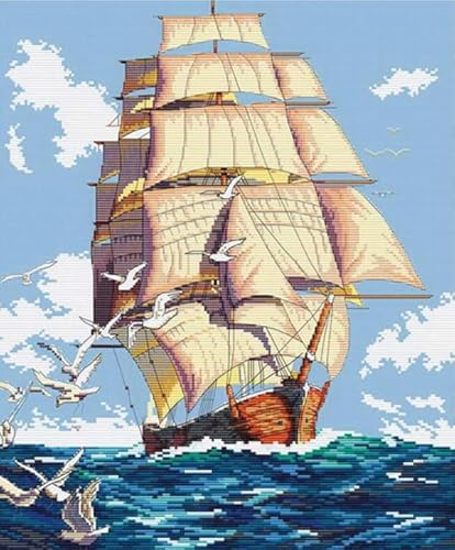 NAHUIGOOD Kreuzstich Set Vorgedruckt, Segelboot Mit Meerblick 11Ct40X50Cm Stickvorlagen Stickbilder Vorgedruckt Kreuzstich Cross Stitch Embroidery Kit Stickset Sticken Set Für Erwachsene Anfänger von NAHUIGOOD