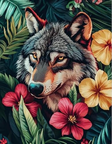 NAHUIGOOD Kreuzstich Set Vorgedruckt, Wolf In Blumen 11Ct40X50Cm Stickvorlagen Stickbilder Vorgedruckt Kreuzstich Cross Stitch Embroidery Kit Stickset Sticken Set Für Erwachsene Anfänger von NAHUIGOOD