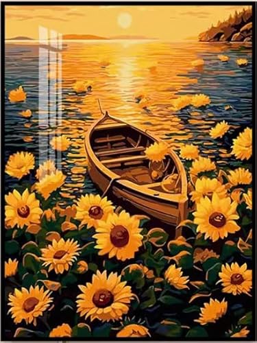 NAHUIGOOD Kreuzstich Set Vorgedruckt,Sonnenblume, Boot 11Ct40X50Cm 11 Ct Kreuzstich Stickpackungen,Stickbilder Vorgedruckt Kreuzstich Für Wandkunst-Heimdekoration von NAHUIGOOD