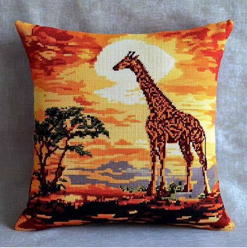 NAHUIGOOD Kreuzstich Stickpackungen Kissen Front Zum Selbersticken Mit Sonnenuntergang-Giraffe45X45Cmstickbild Auf 100% Baumwoll Stoff Und Stickgarn, Stickvorlagen von NAHUIGOOD