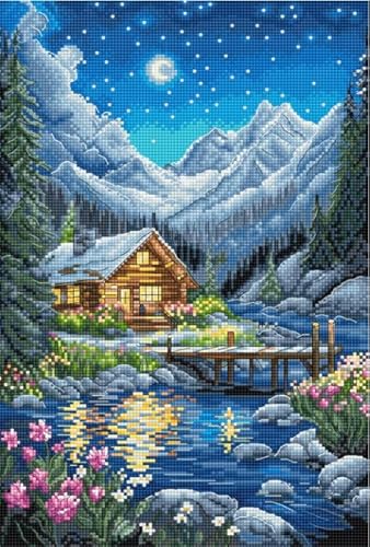 NAHUIGOOD Kreuzstich Stickpackungen Vorgedruckt Set,Waldhütte 11Ct40X50Cm Stickbilder Vorgedruckt Kreuzstich Stickpackung Zum Sticken Starter Set Für Erwachsene Kinder Anfänger, Cross Stitch Kit von NAHUIGOOD