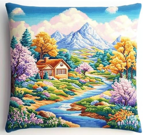 NAHUIGOOD Stick Kit Diy Kissen Kit Kissen Cover Bastelset Landschaft45X45Cmdiy Kissenbezug Für Erwachsene Anfänger, Handnäh Stickset Mit Blumenmustern von NAHUIGOOD