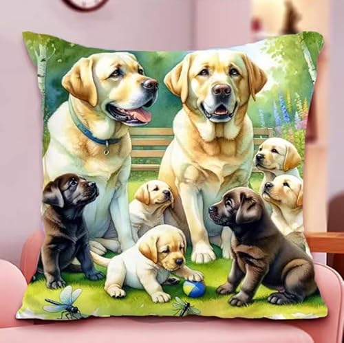 NAHUIGOOD Stickset, Kissenbezug, Labrador-Familienporträt 45X45Cm Kissenbezug, Bastelsets Für Erwachsene, Anfänger, Handstickerei-Diy-Set, Nähkissenbezug Mit Blumenmustern von NAHUIGOOD