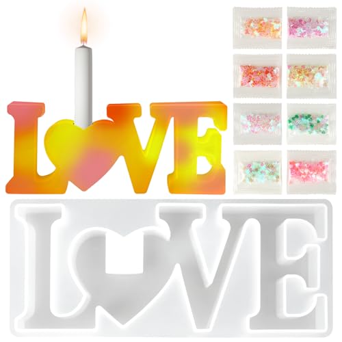 NAIKUDAGE LOVE Silikonformen Gießformen, 18.5x8CM Silikonform Kerzenhalter, Silikon Gießform Kerzenhalter, DIY Epoxidharz Formen für Muttertag (mit 8 Farben Glitzer) von NAIKUDAGE