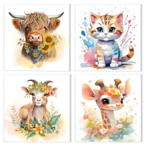 NAIMOER 4 Stück Gerahmt Malen Nach Zahlen, DIY Tiere Malen Nach Zahlen Kinder Erwachsene, Malen nach Zahlen Kits Malen nach Zahlen Leinwand für Home Decor 8x8in(Tiger, Schaf, Giraffe, Kuh) von NAIMOER