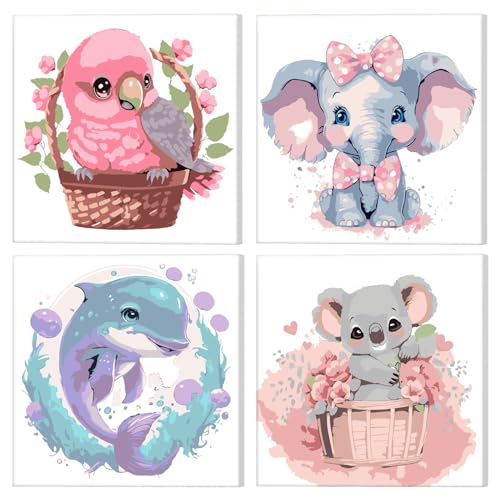 NAIMOER 4 Stück Gerahmt Malen Nach Zahlen, DIY Tiere Malen Nach Zahlen Kinder Erwachsene, Malen nach Zahlen Kits Malen nach Zahlen Leinwand für Home Decor 8x8in (Vogel, Elefant, Koala, Wal) von NAIMOER