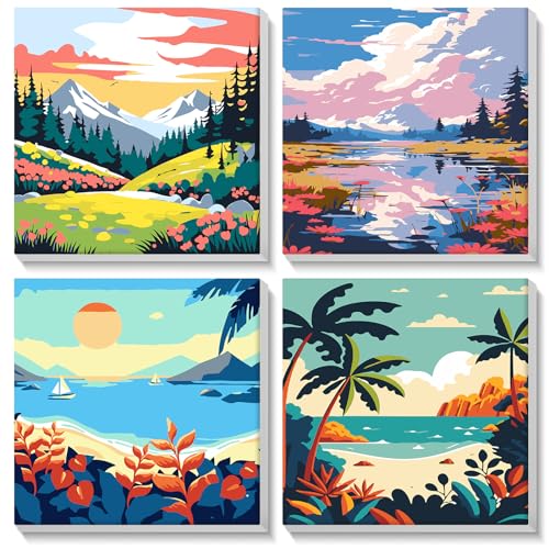 NAIMOER 4 Stück Gerahmt Malen Nach Zahlen Kinde, DIY Landschaft Paint by Numbers Adult Kinder, Landschaft Malen nach Zahlen Kits Cartoon Malen nach Zahlen Leinwand für Home Decor 8x8in von NAIMOER