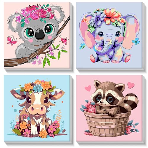 NAIMOER 4 Stück Gerahmt Malen Nach Zahlen Tiere Kinde, DIY Tiere Malen Nach Zahlen Kinder Erwachsene, Cartoon Malen nach Zahlen Kits Cartoon Malen nach Zahlen Leinwand für Home Decor 8x8in von NAIMOER