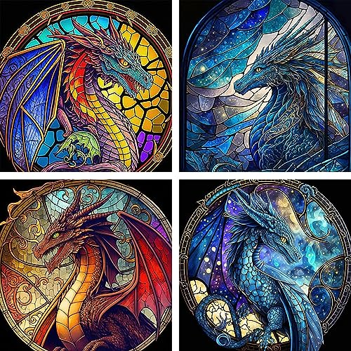 NAIMOER 4Pack Drache Diamond Painting Tiere Diamant Painting Bilder, Diamond Painting Erwachsene Diamond Painting Bilder Diamant Bilder Kinder 5D Diamant Malerei für Home Wand Décor(30x30cm) von NAIMOER