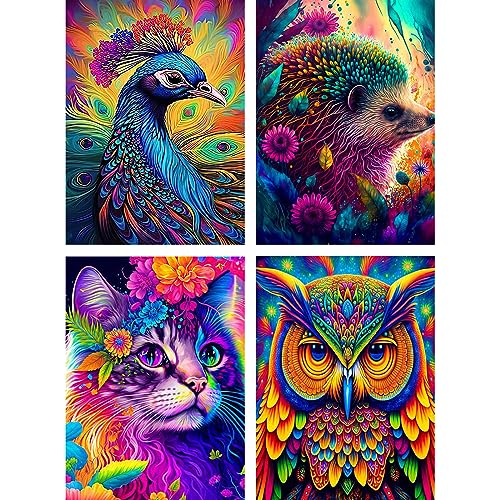 NAIMOER 4Packs Tiere Diamond Painting Kits für Erwachsene Kinder, 5D Diamant Painting Bilder, Diamond Painting Blumen Kinder Diamond Malerei Set für Home Dekor 30x40cm(Pfau, Lgel, Katze, Eule) von NAIMOER