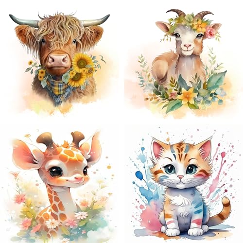 NAIMOER 4Stück Tiere Diamond Painting, 5D Diamant Painting Bilder Erwachsene, Diamant Malerei Bilder Stickerei Diamond Painting Set 30x30cm für Wanddekor (Tiger, Schaf, Giraffe, Kuh) von NAIMOER