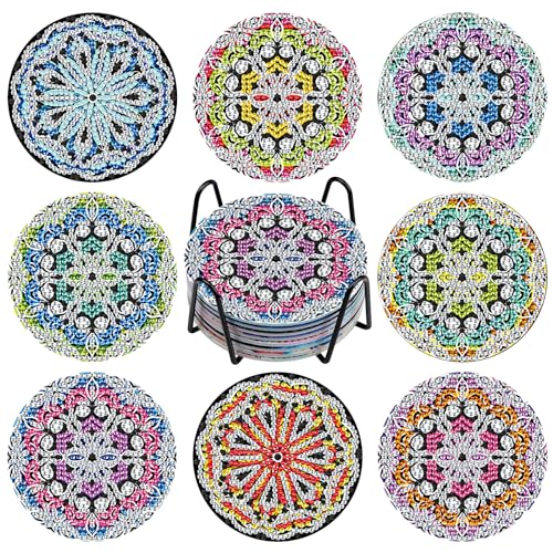 NAIMOER 8Stück Mandala Diamond Painting Untersetzer mit Halter, DIY Blume Untersetzer, Kaffee Diamant Painting Untersetzer für Erwachsene Kinder, Getränke Untersetzer, 5D Diamant Untersetzer von NAIMOER