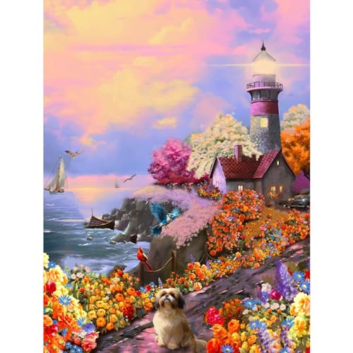 NAIMOER Diamond Painting Leuchtturm, Diamant Painting Erwachsene Hund Diamond Painting Erwachsene Bilder Blumen Diamant Painting Kinder 5D Diamant Malerei Stickerei für Home Décor(30x40cm) von NAIMOER