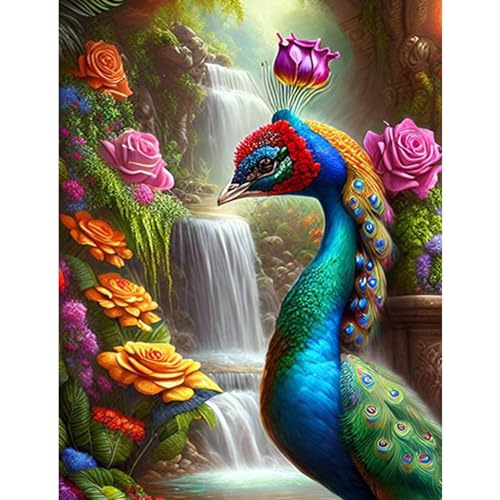 NAIMOER Diamond Painting Pfau, Diamant Painting Erwachsene Diamond Painting Wasserfall Erwachsene Bilder Blume Diamant Painting Kinder 5D Diamant Malerei Stickerei für Home Décor(30x40cm) von NAIMOER