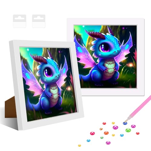 NAIMOER Drachen Diamant Painting Kits mit Rahmen, Gerahmte Tiere Diamond Malerei für Kinder Erwachsene, 5D Wälder Diamond Painting Erwachsene Mosaik DIY Handwerk für Home Decor 8x8inch von NAIMOER