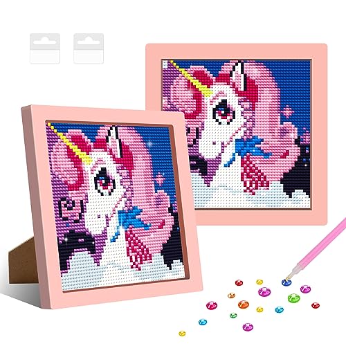 NAIMOER Einhorn Diamant Painting Kits für Kinder mit Rahmen, Gerahmte Diamant Malerei für Kinder Alter 6-12, 5D Cartoon Diamond Painting Kinder Mosaik DIY Handwerk für Home Decor 8x8inch von NAIMOER