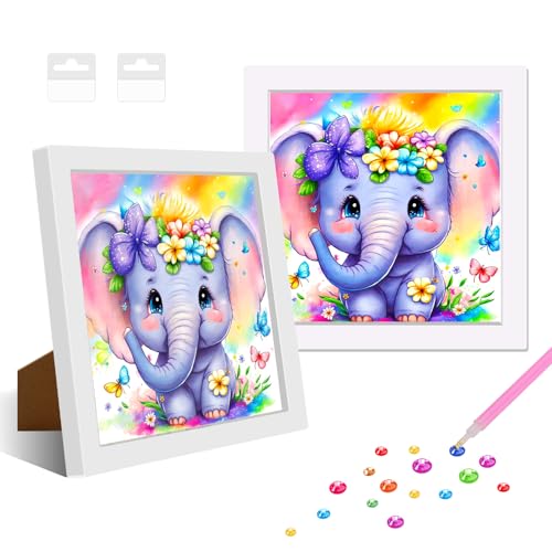 NAIMOER Elefant Diamant Painting Kits mit Rahmen, Gerahmte Tiere Diamond Malerei für Kinder Erwachsene, 5D Cartoon Diamond Painting Erwachsene Mosaik Handwerk für Home Decor 8x8inch von NAIMOER