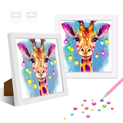 NAIMOER Giraffe Diamant Painting Kits mit Rahmen, Gerahmte Tiere Diamond Malerei für Kinder Erwachsene, 5D Cartoon Diamond Painting Erwachsene Mosaik DIY Handwerk für Home Decor 8x8inch von NAIMOER