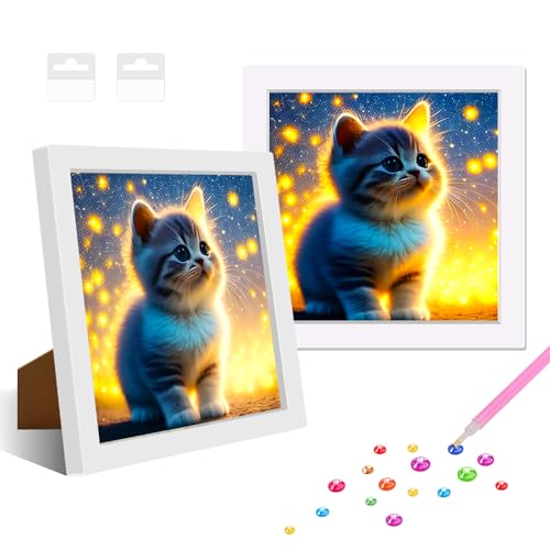 NAIMOER Katze Diamant Painting Kits mit Rahmen, Gerahmte Tiere Diamond Malerei für Kinder Erwachsene, 5D Cartoon Diamond Painting Erwachsene Mosaik DIY Handwerk für Home Decor 8x8inch von NAIMOER