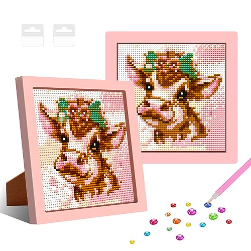 NAIMOER Kuh Diamant Painting Kits für Kinder mit Rahmen, Gerahmte Diamant Malerei für Kinder Alter 6-12, 5D Cartoon Tiere Diamond Painting Kinder Mosaik DIY Handwerk für Home Decor 8x8inch von NAIMOER