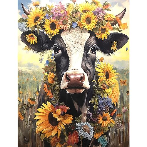 NAIMOER Kuh Diamond Painting Sonnenblumen Diamant Painting Bilder, Diamond Painting Erwachsene Diamond Painting Tiere Bilder Diamant Bilder Kinder 5D Diamant Malerei für Home Wand Décor(30x40cm) von NAIMOER