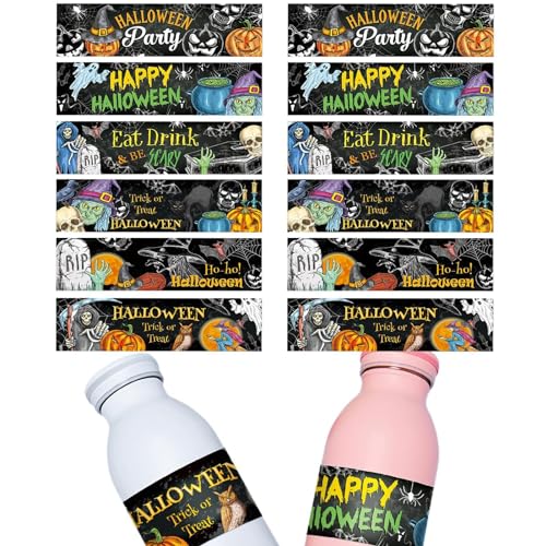 Halloween-Flaschenaufkleber,Halloween-Wasserflaschenetiketten - Happy Halloween Wasseraufkleber | 12 Stück Halloween-Party-Dekoration, ästhetische Wrapper um Etiketten für Flaschen, Laptops, Gepäck von NAIYAN