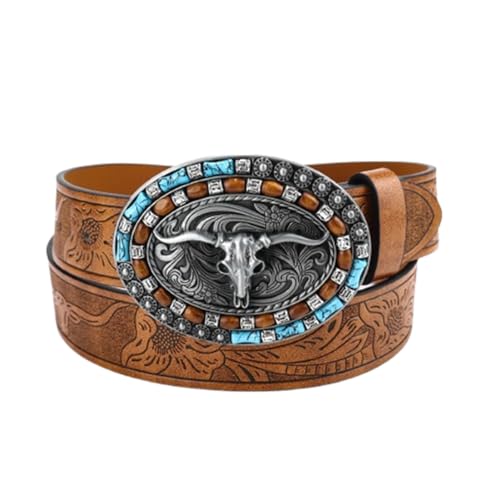 NALANY Vintage Gürtel Für Damen Und Herren,Prägung Longhorn Ledergürtel Mit Ovaler Langer Horn Bull Skull Gürtelschnalle Türkis Holzperlen Western Cowboy Schnallen(110cm/43, Brown) von NALANY