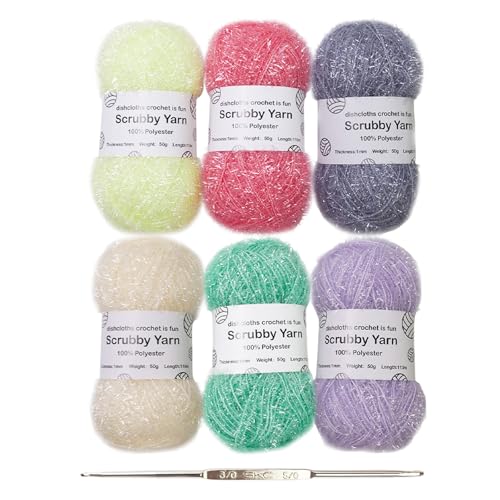 NALUDUO Scrubby Garn für Geschirrtücher, Häkelgarn, Polyester-Garn, Häkelgarn mit Haken, handgefertigtes Garn, funkelnd, Schrubbgarn von NALUDUO