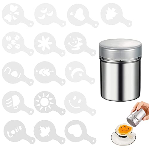 Puderzuckerstreuer Edelstahl Kakaostreuer für Cappuccino Schablone Kaffee Milchschaum Schablonen Pulverstreuer Kaffee Schokoladenstreuer für Heiße Schokolade Brotdekoration,16pcs Cappuccino Schablonen von NAMIS