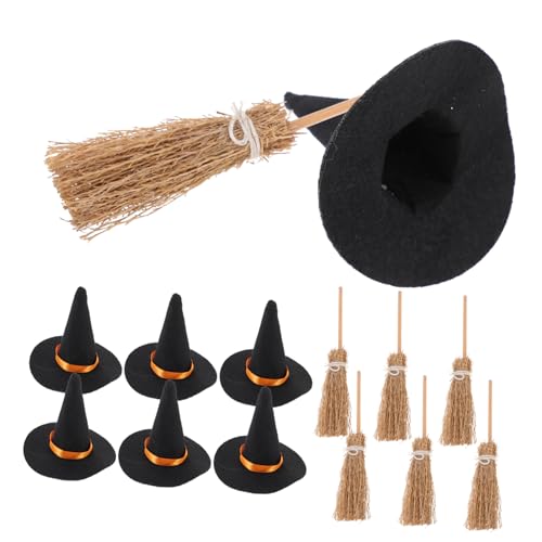 NAMOARLY 7er Set Mini Hexenhüte Und Besen Für Halloween Dekorationsset Für Kreative Bastelprojekte Ideale Halloween Deko Für Partys Puppenhäuser Und Handarbeiten von NAMOARLY