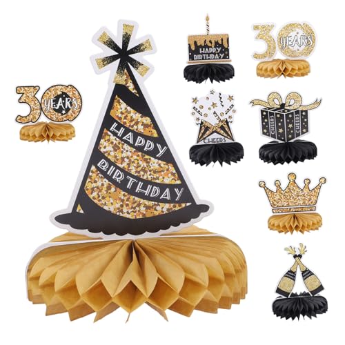 NAMOARLY 8Pcs 30th Geburtstag Waben Mittelstücke Schwarz Gold Party Dekorationen Tisch Waben Sicher Papier von NAMOARLY