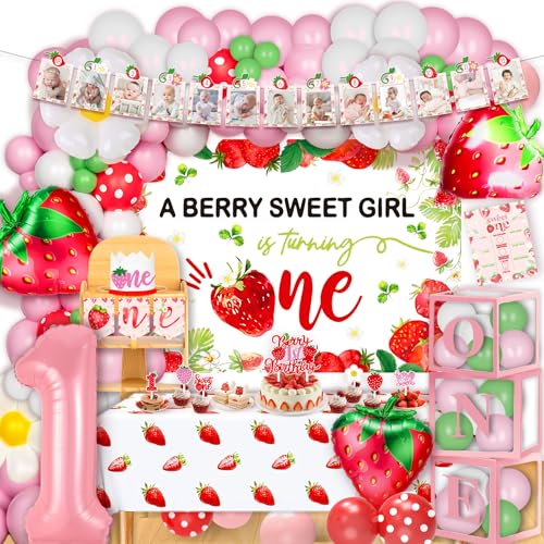 Berry First Birthday Decorations Strawberry 1st Birthday Party Supplies for Girls, Sweet One Birthday Decor Strawberry Theme Backdrop Balloons Arch Box High Chair Banner Birthday Party Idea for Girls von NANAGALI