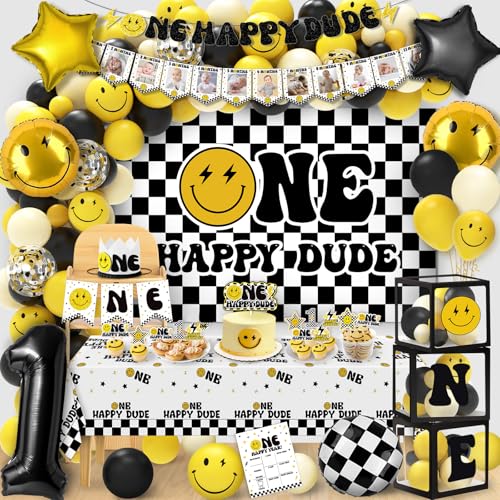 One Happy Dude 1. Geburtstag Dekorationen – Lightning Bolt One Happy Dude Hintergrund Luftballons Bogen Box Hochstuhl Banner Geburtstag Party Idee für Baby Jungen Mädchen von NANAGALI