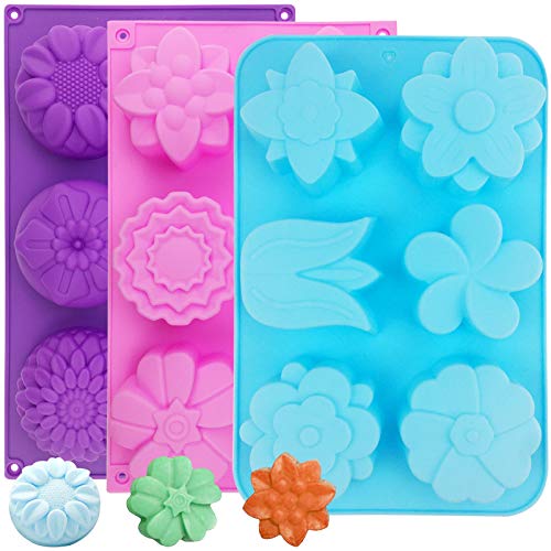 3 Packs Silikon Seifenform, 6-Kavität Schalen für hausgemachte Kuchen Schokolade Cupcake Form, Silikon Blume Form Seife Formen Fondant Form Dekorieren Eiswürfel - lila blau rosa von NANASO