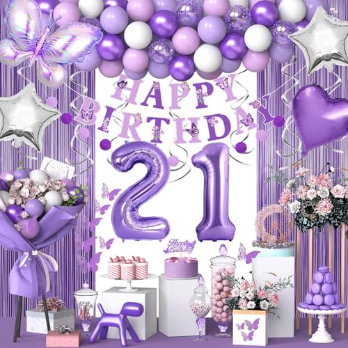 21st Lila Geburtstag Dekorationen für Frauen Mädchen, Lila 21 Geburtstag Dekorationen Schmetterling Thema Lavendel Party Dekor Set mit Schmetterlingsaufklebern und Happy Birthday Banner, von NANINUNENO