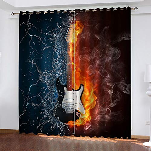 Blickdichter Vorhang Kinderzimmer Schlafzimmer Verdunkelungsvorhänge 3D EIS- Und Feuer-E-Gitarre Druck Muster Ösenvorhang 2 Stücke Fenstergardinen Schallschutz Vorhang 166X200Cm (HxB) von NANRUI Global Shopping