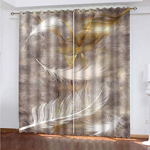 Blickdichter Vorhang Kinderzimmer Schlafzimmer Verdunkelungsvorhänge 3D Weißgoldene Feder Druck Muster Ösenvorhang 2 Stücke Fenstergardinen Schallschutz Vorhang 260X280Cm (HxB) von NANRUI Global Shopping