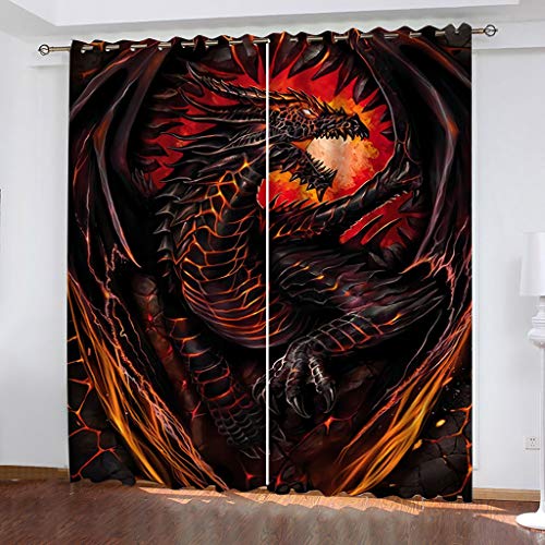 Gardinen Kinderzimmer Blickdicht - 2 Stück 220X264Cm (HxB) 3D Digitaldruck Cartoon-Flammender Drache Vorhang Verdunklungsvorhänge Schlafzimmer Wohnzimmer Ösenschal Kinder Thermovorhang von NANRUI Global Shopping