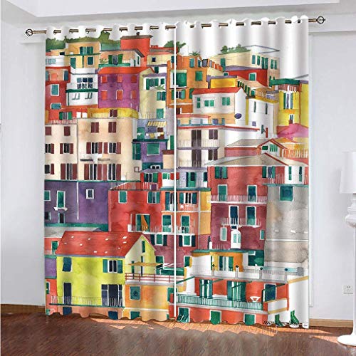 Verdunkelungsvorhänge 3D Bunte Cartoon-Gebäude Druck Muster Ösen Vorhang 2Er Set 260X280Cm (HxB) Vorhänge Blickdicht Gardinen Wohnzimmer Kinderzimmer Thermo Vorhänge Fensterdekoration von NANRUI Global Shopping