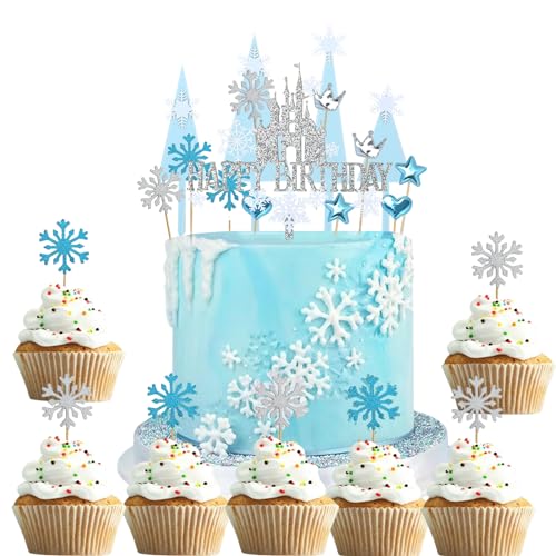 NANYU 59 Stücke Schloss Tortendeko Mädchen - Frozen Tortendeko Frozen Glitter Geburtstagsdeko Mit Schneeflocke Tortenaufleger Frozen Cupcake Topper Ice Blue Silber Cup Cake Topper Für Kinder von NANYU