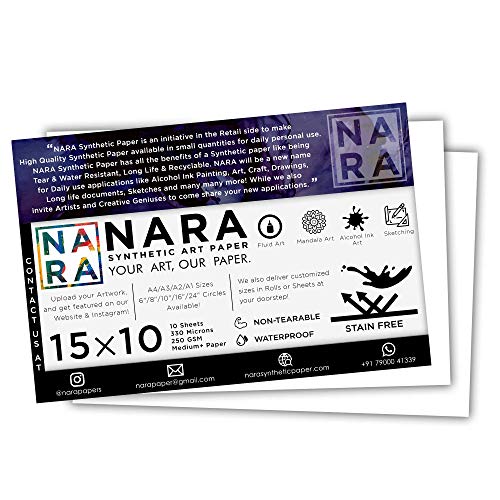 NARA® Paper for Alcohol Ink Painting | 15 inches x 10 inches (15”x10”) | 330 microns/250 GSM | Medium+ Paper | 10 sheets | 100% Stain-Free von NARA SYNTHETIC PAPER