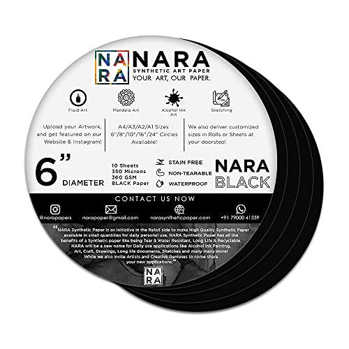 NARABLACK® Paper for Alcohol Ink Painting | 6” Diameter Circle | 350 microns/360 GSM | Medium+ Paper | 10 sheets | 100% Stain-Free von NARA SYNTHETIC PAPER