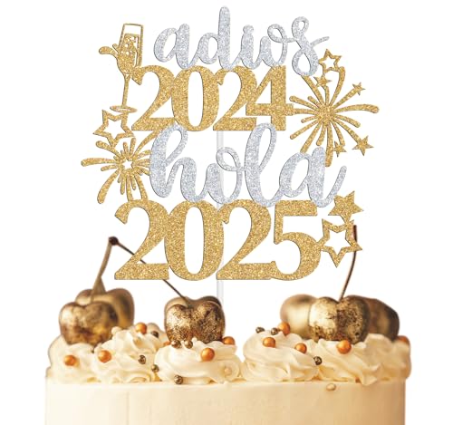 Adios 2024 Hola 2025 Cake Topper, Welcome 2025/Happy New Year, Silvester/Weihnachten/Happy Holidays Party Dekorationen Supplies, Gold und Silber von NARLOPI