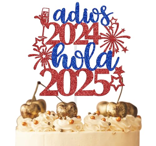 Adios 2024 Hola 2025 Cake Topper, Welcome 2025/Happy New Year, Silvester/Weihnachten/Happy Holidays Party Dekorationen Supplies, Rot und Blau Glitzer von NARLOPI