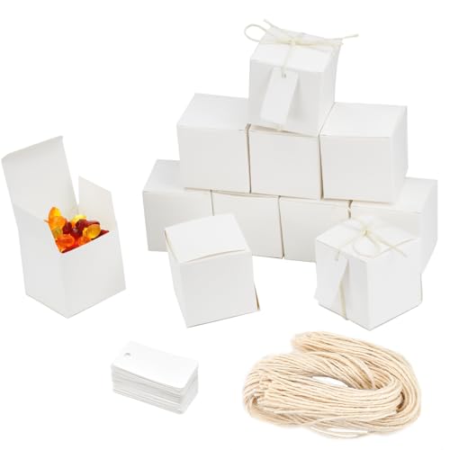 NAROSEBE 50 Stück Karton Geschenkboxen Weiß Hochzeit Kraftpapier Geschenkboxen mit Deckel Kraftpapierbox Geschenkschachtel klein Pralinenschachtel Leer mit Juteseilen für Geschenke Party Geburtstag von NAROSEBE