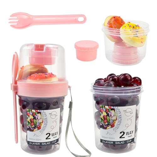 NAROSEBE Doppelschichtige Tasse mit rosa Haferflocken Müslibecher to go mit Löffel Joghurtbecher Joghurtbehälter 560+240ML Thermo Müsli Joghurt Becher Behälter Porridge Becher 3 in 1 Salatbecher von NAROSEBE